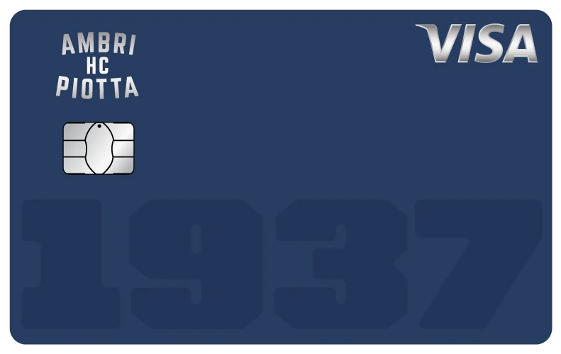 Carta di credito HCAP Premium, blu scuro, con logo Ambrì HC Piotta, scritta 1937 e circuito VISA